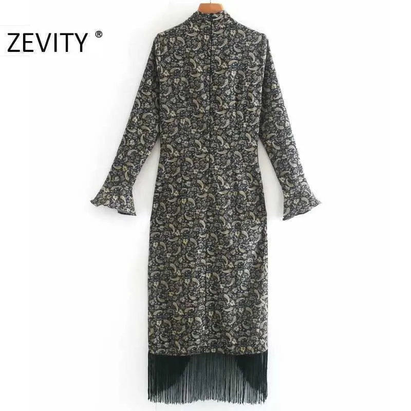 Zevity Herbst Frauen Vintage Cashew Nüsse Drucken Saum Quaste Asymmetrisches Kleid Damen Chic Sexy Loch Schlank Party Vestido DS4546 210603