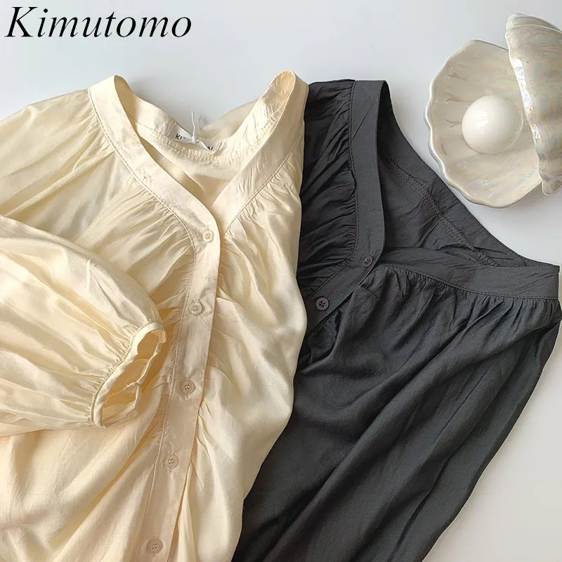 Kimutomo Elegant Solid Schong Sommar Kvinnors Koreanska V-Neck Långärmad Chic Loose Blouse Girls Breasted Top Fashion 210521