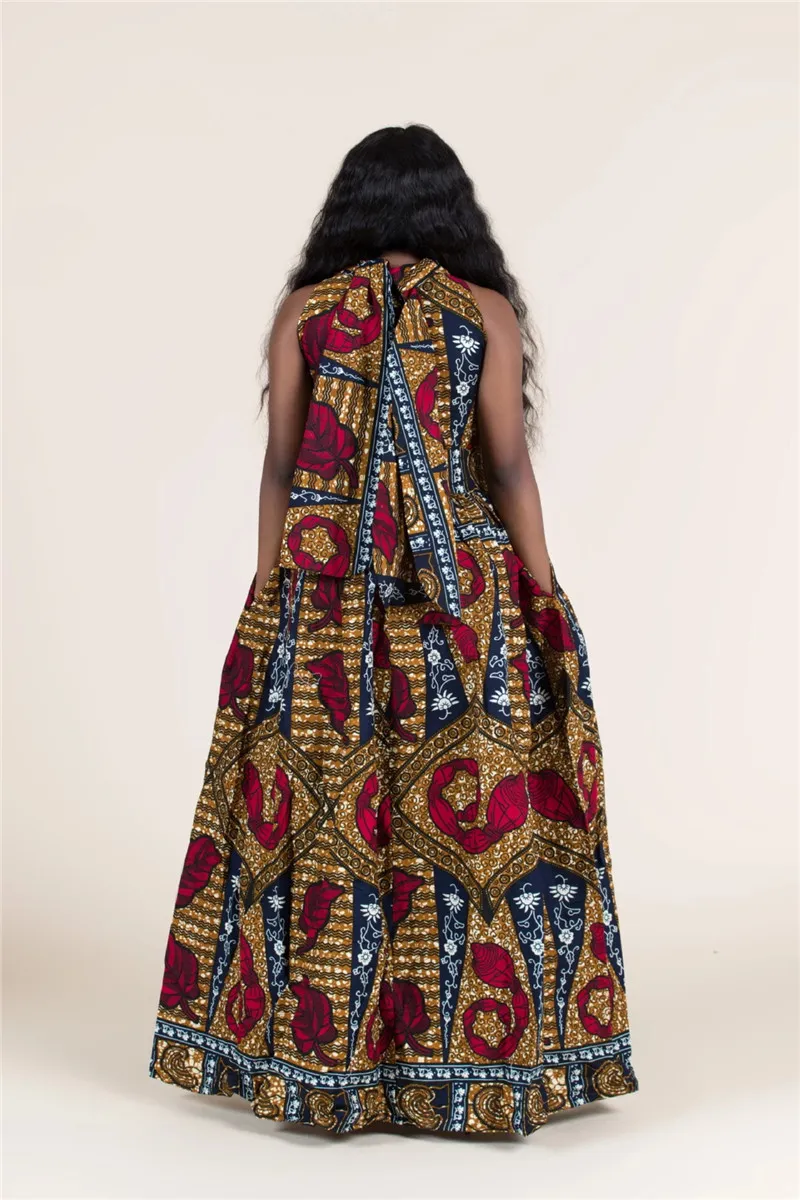 Isaros mode halter klänning plus storlek spets upp långa klänningar fest bär afrikansk tryck turtleneck ärmlös dragkedja klänning robe 210422