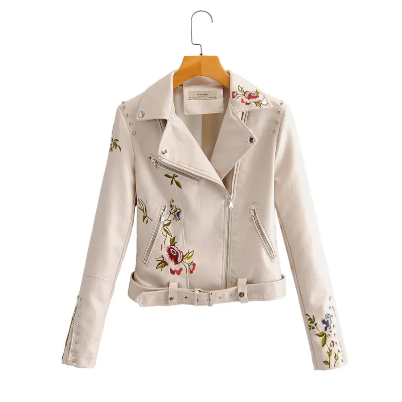 Vintage Femmes PU Cuir Vestes Printemps Floral Imprimé Dames Manteaux Blanc Mode Femme Jacket Slim Girls Faux 210427