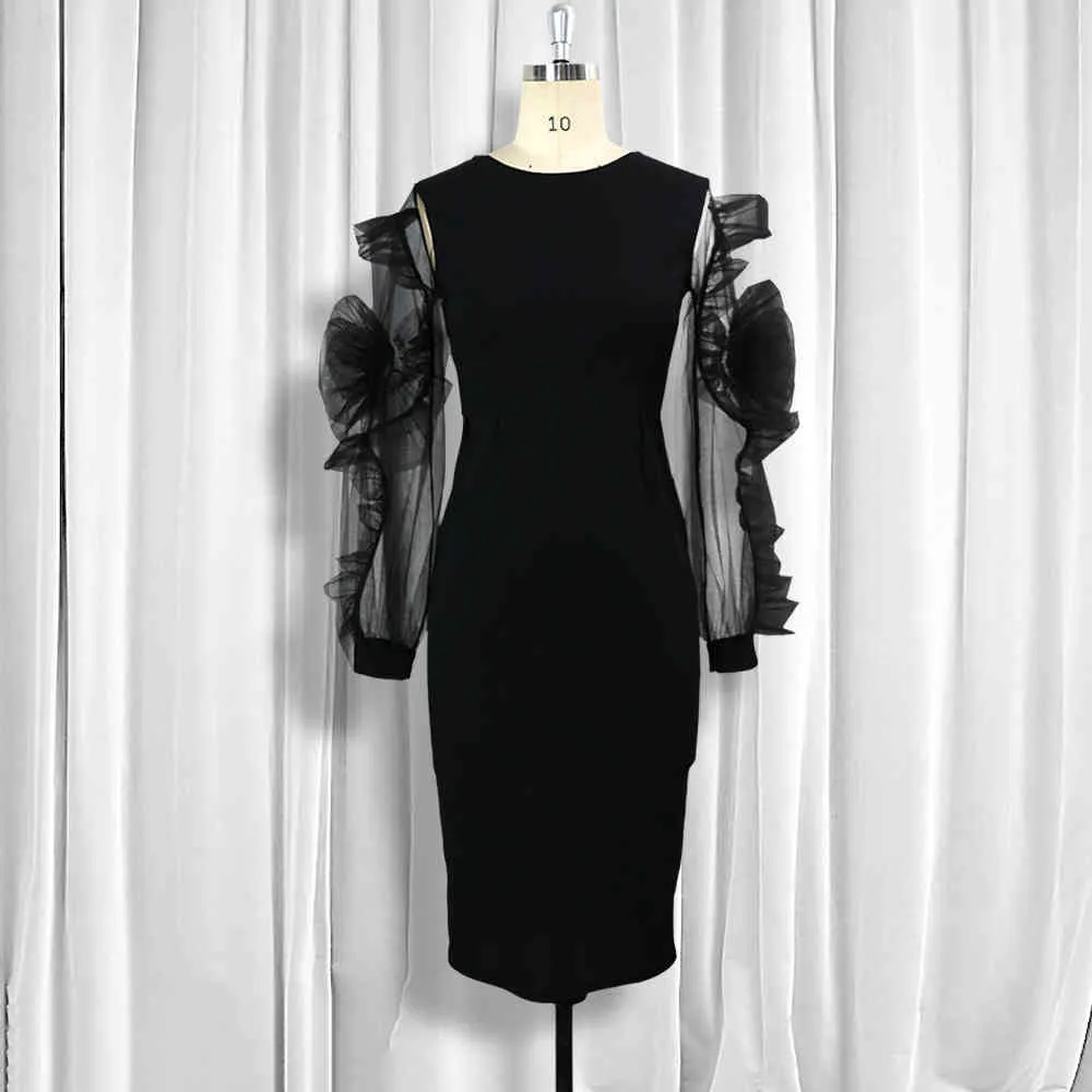 Siyah Elbise O Boyun Şeffaf Örgü Uzun Kollu Fırfır Klas Kadın Elastik Zarif Ofis Bayanlar Mütevazı Kadın Afrika Moda 210416