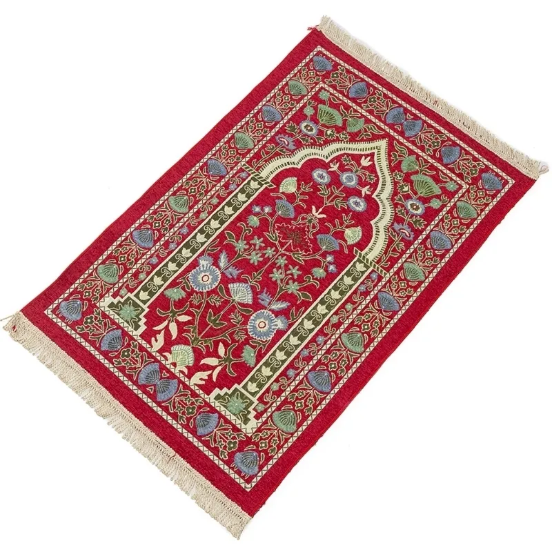 Portable Muslim Bön Rug Tjock Islamisk Turkisk Chenille Bön Matta Vintage Blomblad Mönster Vävnad Tassel Blanket 220301