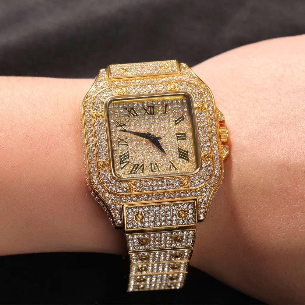 Hoge Kwaliteit Hip Hop Trend Vierkante Horloge 316L Rvs Case Cover Volledige Diamond Crystal Band Horloges Quartz Horloges Pu234S