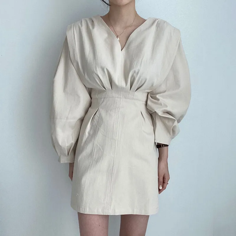Ezgaga Coreano Chic Vintage Vestito Da Partito Delle Donne Con Scollo A V Increspato Vita Sottile Manica Lunga Lanter Solido Abito Elegante Abiti Feminino 210430