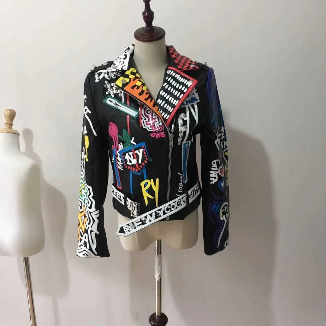 Rivet beading Pu Leather Jacket Women Graffiti Colorful Print Biker Jackets and Coats PUNK Streetwear jacket 210914
