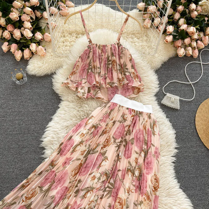 Frauen Bohemian Zweiteilige Sets Sommer Chiffon Plissee Outfits Frau Süße Blumen Gedruckt Crop Top und Röcke Rüschen Strand Anzüge 210525