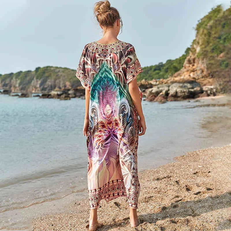 Bohemian Women Summer Beach Dress Swim Wear Cover Up Polyester Tunic Sexy V-Neck Robe Caftan Bikini Cover-ups pareo Q1185 210420