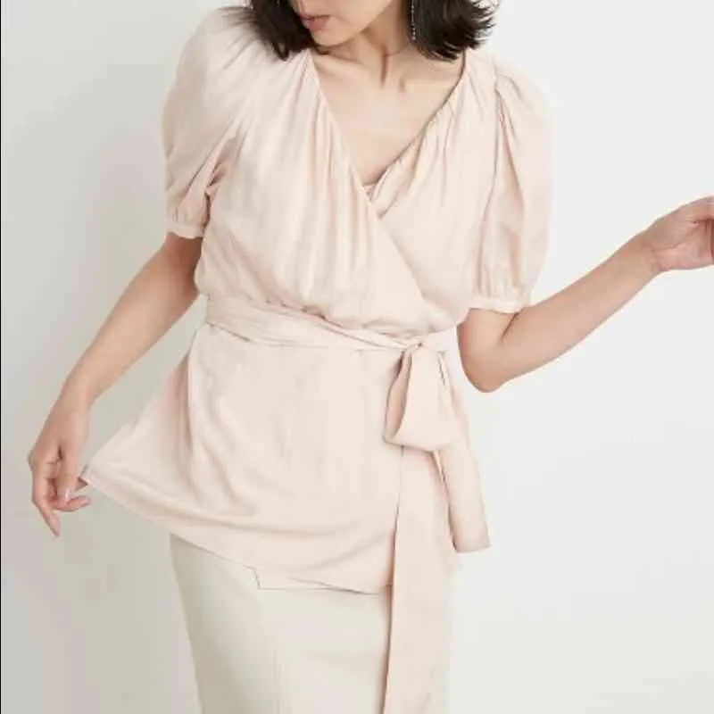 Sommar chic blusa mujer japan stil kontor slitage elegant solid blus kors v-hals slips slank midja kortärmad tröja 210514