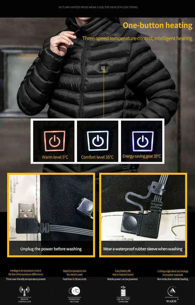 Saz Men Winter Warm USB Heating Jackets Smart Thermostat Pure Color Hooded Heated Clothing Waterproof Cotton Jacket 211104