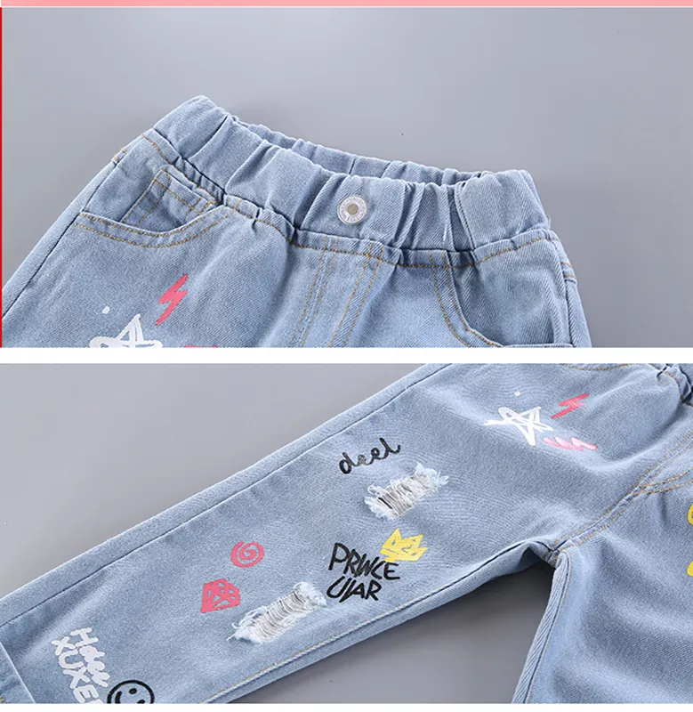 Kinderen meisje jeans bloemen cartoon lange broek lente herfst graffiti schilderij print casual broek met gat JYF 220222331m6413045