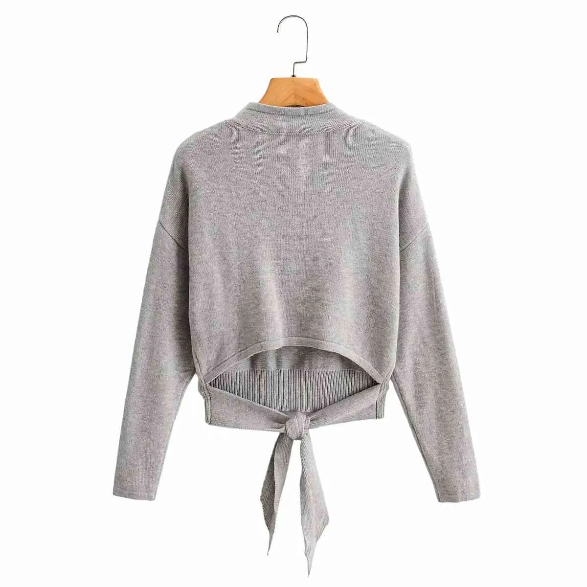 Foridol Dzianiny Turtleneck Backless Pulowers Kobiet Bowknot Grey Jesień Zima Z Długim Rękawem Dorywczo Sweter Jumper 210415