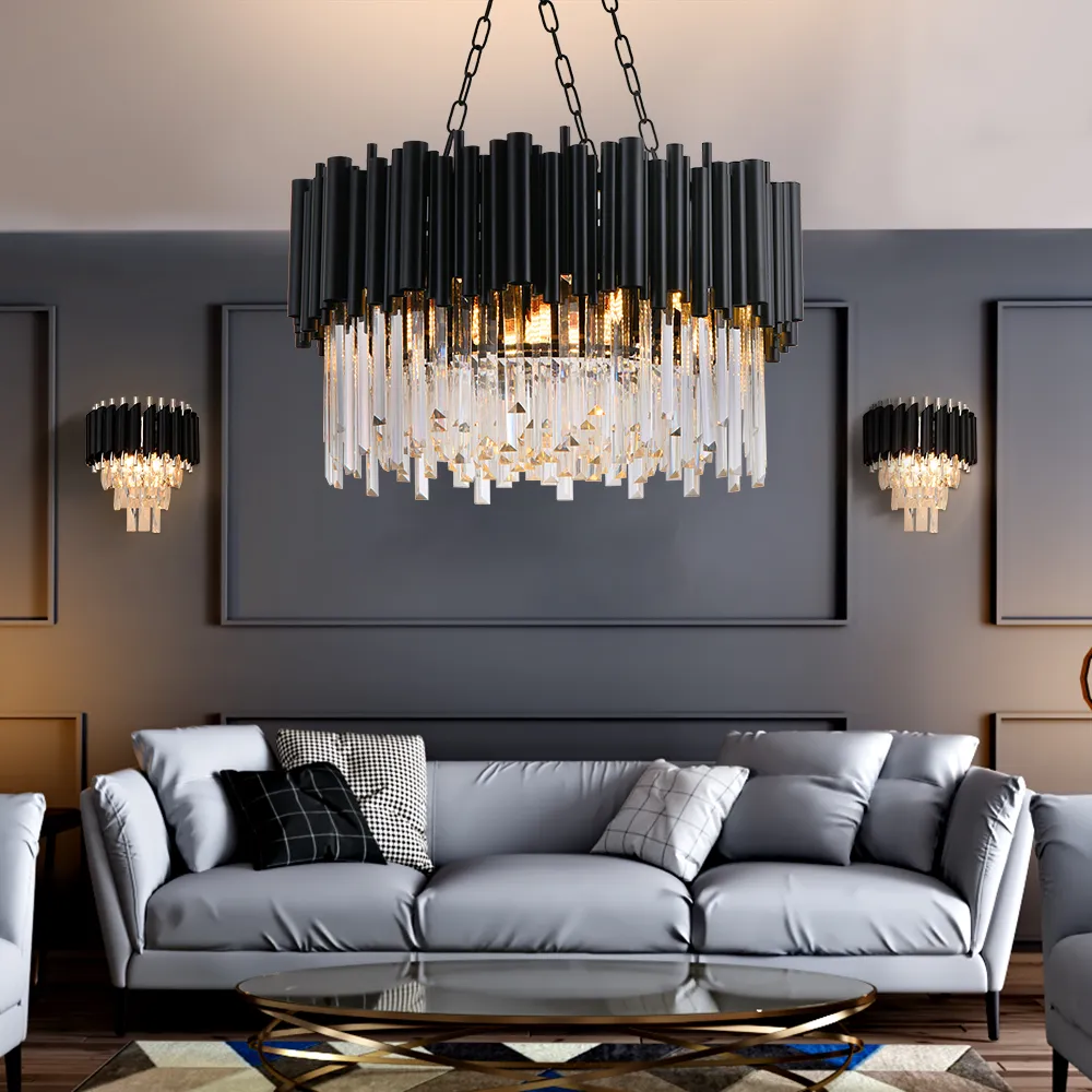 Moderne zwarte kroonluchterlamp woonkamer ronde kristallen slaapkamer keuken hanglamp woondecoratie binnenverlichting250q