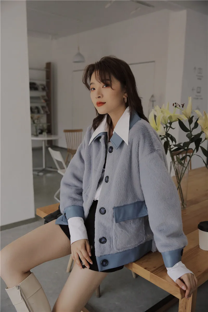 Manteau de fourrure gris Faux Mink Femme Hiver Mode Veste moelleuse Patchwork Blue Corean Designer Vêtements 210427
