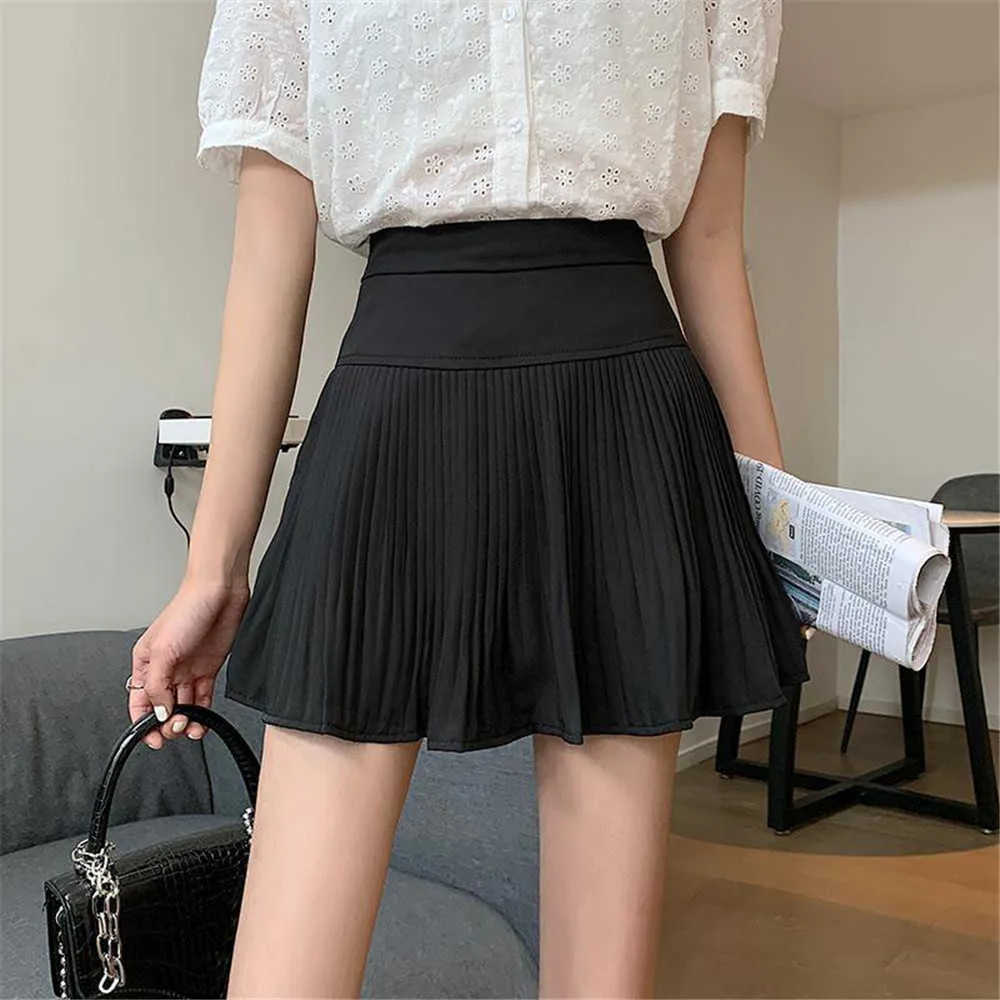 Vintage Black mini jupes plissées pour les étudiants Femmes hautes Ruffles solides et jupes coréennes d'été Mujer Faldas All-Match 210619