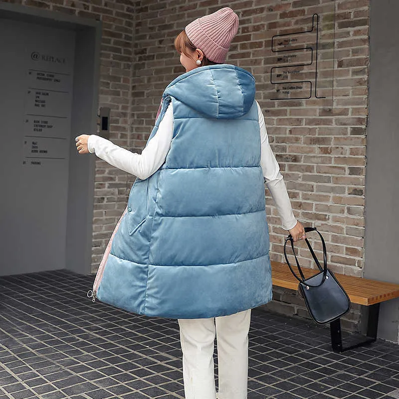 Ly Varey Lin Winter Cotton Best Jacketsフード付き暖かいベルベットパーカー女性ノースリーブパッド入りジッパーウエストアウトウア210526