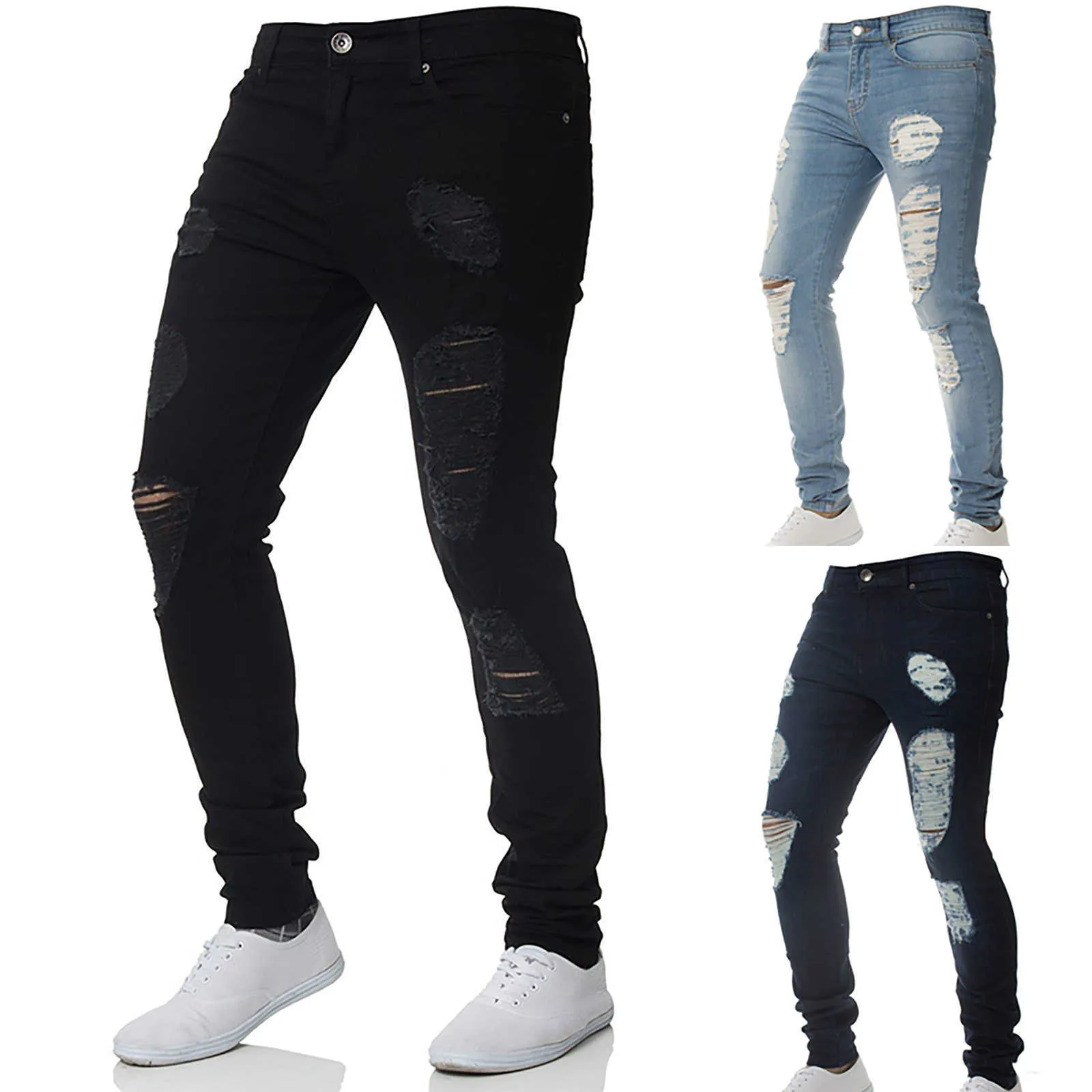 Jeans for Men Denim Pants Color Solid Color Hip Hop Pantaloni Lunghi Pantaloni strappati Plus Size Uomo Abbigliamento XXXL Skinny Jeans Uomo X0621