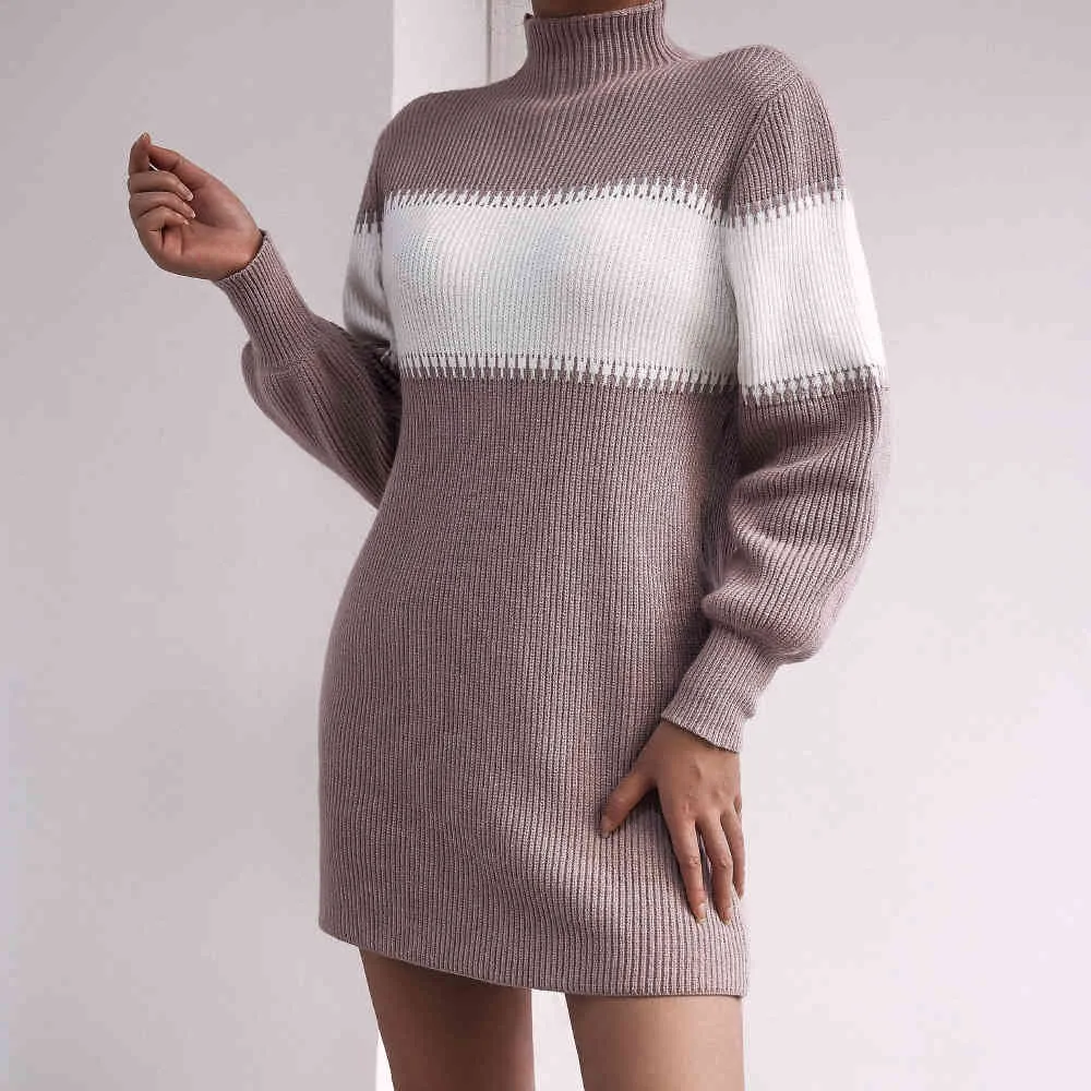 Foridol Knitted Stripe Straight Winter Sweater Dress Women Lantern Sleeve Vintage Short Basic Turtleneck Dress Winter Clothes 210415