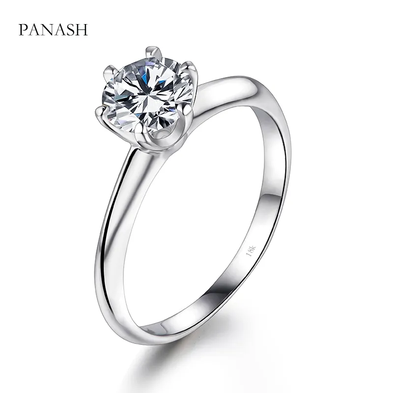 PANASH 18 Karat klassischer Moissanit-Ring mit sechs Krallen und 1 Karat, runder Diamant-Test im Brillantschliff, bestandener Moissanit-Diamant-Solitärring für Damen