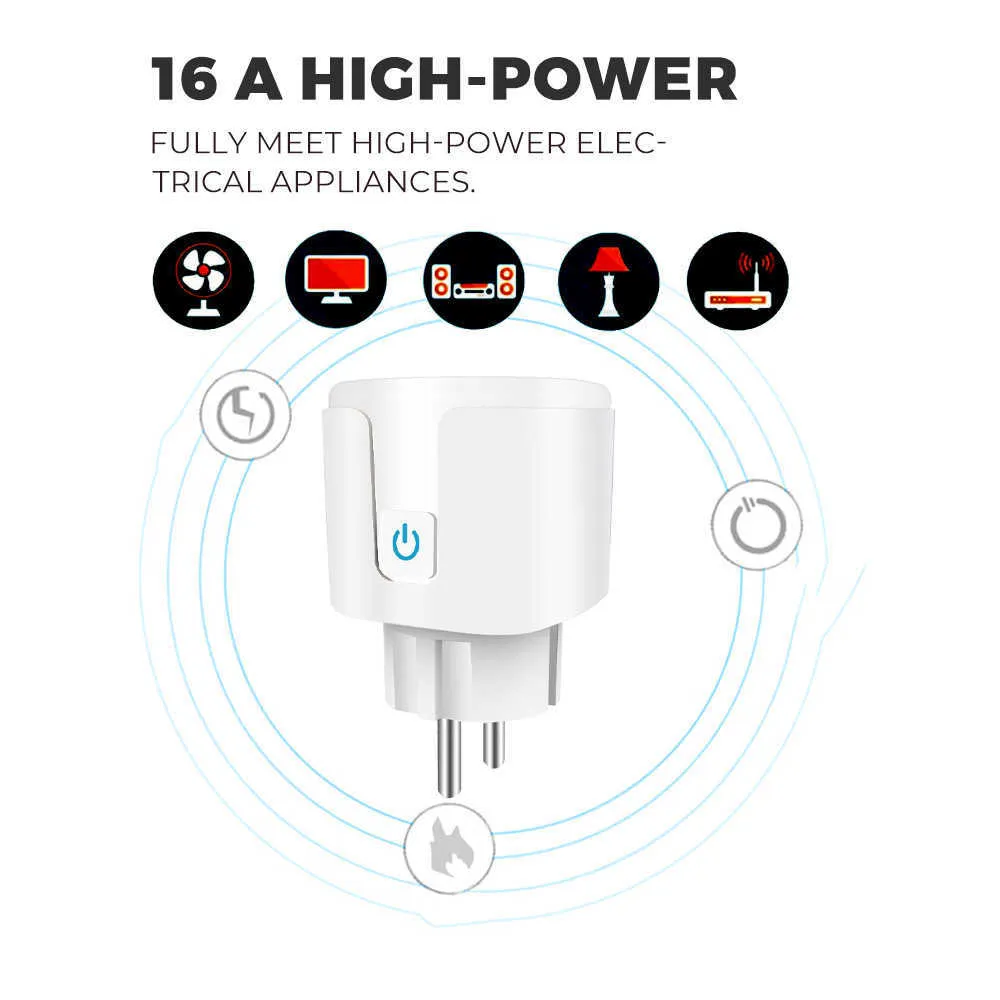 SMATRUL Tuya WiFi Smart Plug 16A 220V Adattatore Wireless Controllo vocale remoto Monitor di alimentazione Presa timer Kit domestico Alexa 210724