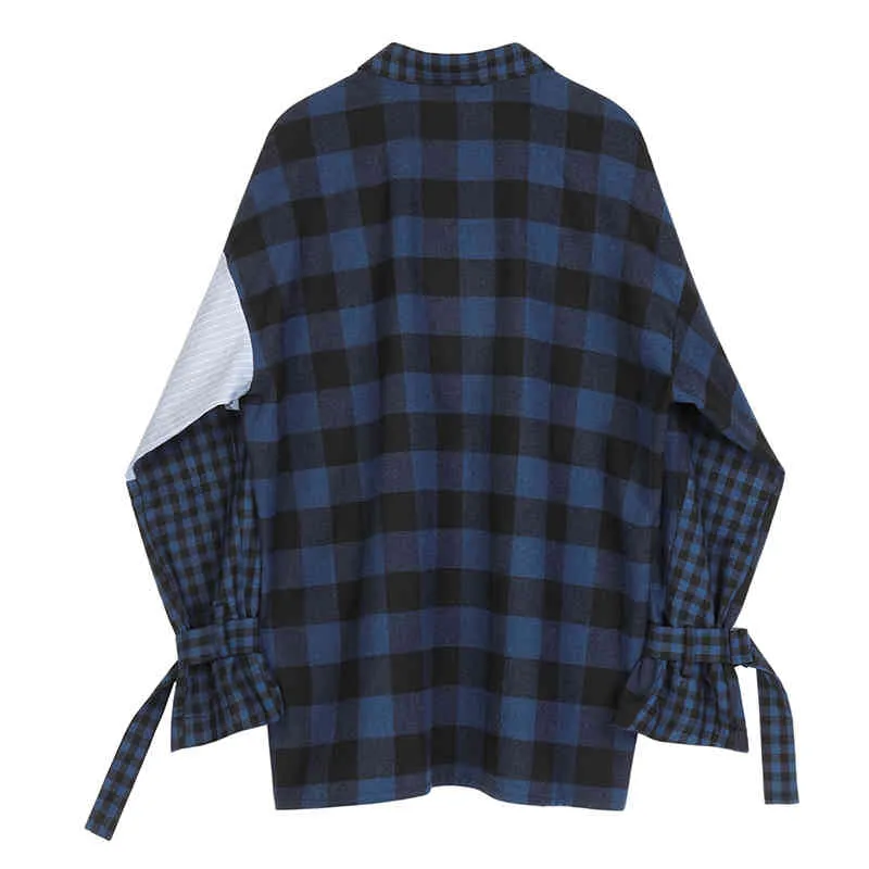 [EAM] Women Blue Striped Plaid Split Big Size Blouse Lapel Long Sleeve Loose Fit Shirt Fashion Spring Autumn 1D356 210512