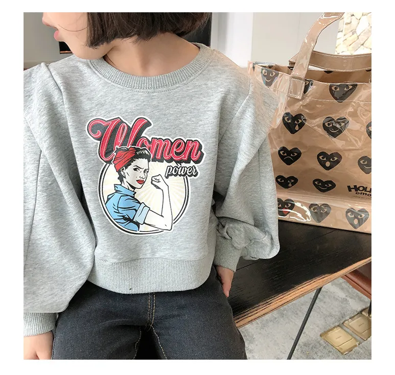 Filles Fashion Impression Ballon Manches Pulls Casual Coton 2 Couleurs All-Match Sweatshirts Tops 210508