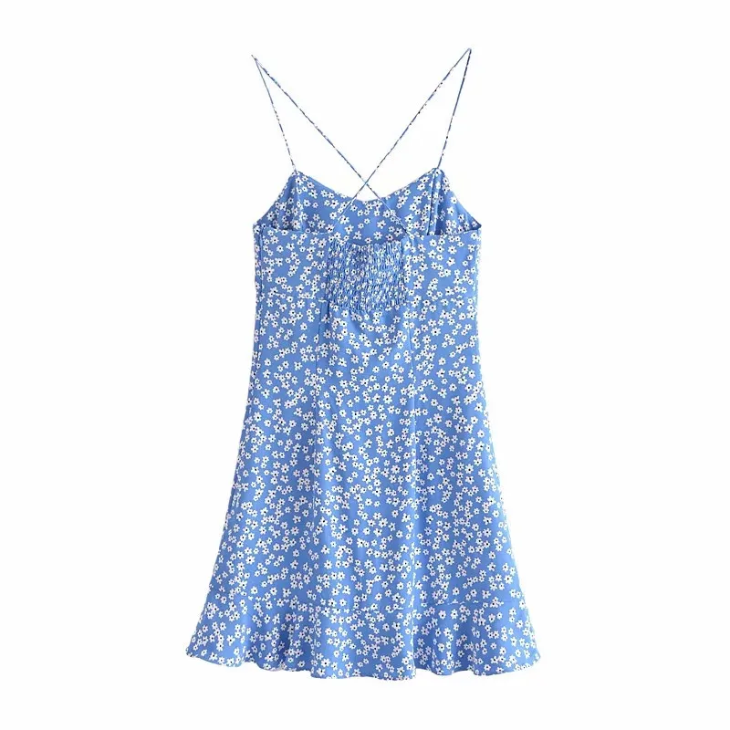 Klänning kvinnor blå blommig kort es kvinna sommar mode ruffle glida mini sexig semester beach sundress 210519