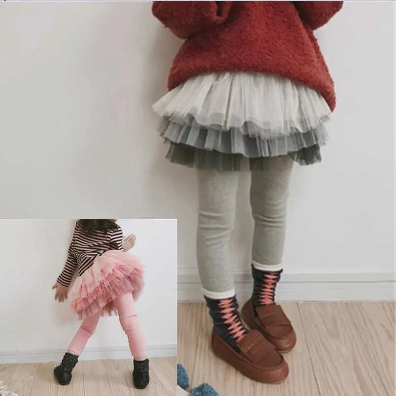 Filles Culottes Gradient Mesh Faux Deux Pièces Enfants Pantalons Jupe Automne Hiver Leggings Japonais Coréen Loisirs Vêtements 210625