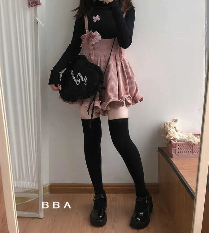 Koreański styl Kawaii Spodnie Kombinezony Solid Corduroy Playitus Kobiety Ruffles Luźne Lato Harajuku Wyrywka Soft Samice Pacy 210925