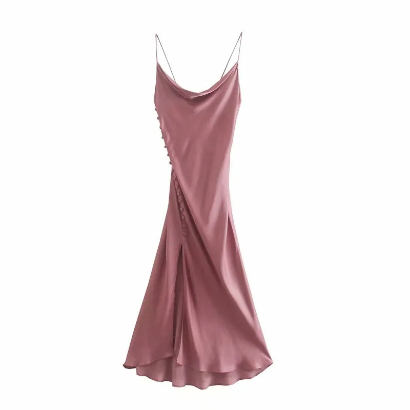 Vuwwwyv Różowy Satin Backless Slip Dress Kobiety Eleganckie Suknie Slim Party Midi Kobieta Lato Boczne Przycisk Plisowany Klub Vestido 210430