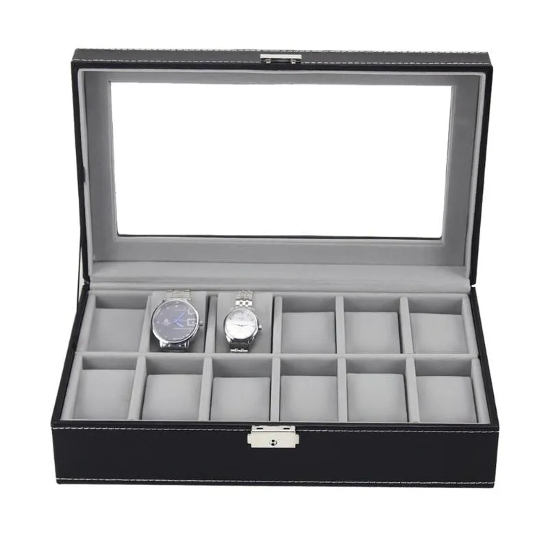 Titta på rutor Fall 6 10 12 Slots Box Case Rings Chain Necklace Holder Storage Organizer Smycken Display Pu Leather Casket SAAT TR263X