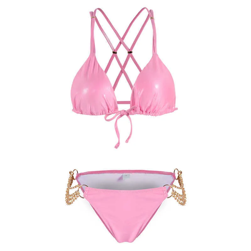 Seksowne Britter Bikini Kobiety Shinny Brazylijski Złoto Halter Swimsuit Swimwear Swimwear Kostium Dla Panie Kąpiel Pink 210621
