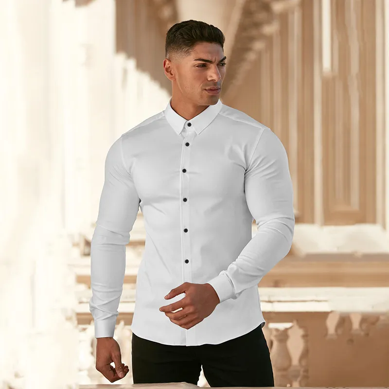 Men Fashion Casual long Sleeve Solid Shirt Super Slim Fit Male Social Business Dress Brand Fitness Sports Clothing 220309