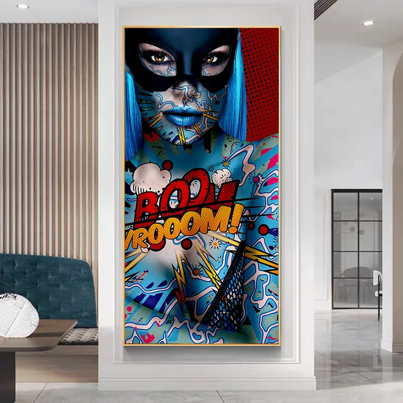 Graffiti Cool Girl avec des affiches et des imprimés de tatouage bleu, peintures sur toile abstraites de femme, images d'art murales pour salon, décoration de la maison 9809360