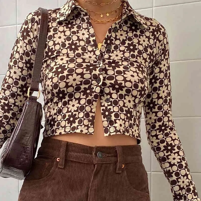 Bouton à manches longues brunes à manches longues Cardigan Chemise Femme Spring Fashion Blouses Vintage Robinet Collier Slim Crop Tops Femme 210510