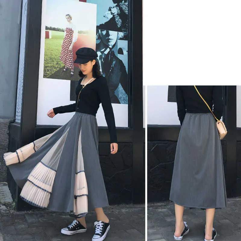 Falda larga negra gótica de malla Vintage para mujer, falda de cintura alta elástica Lolita, ropa informal de retales, ropa de calle 210619