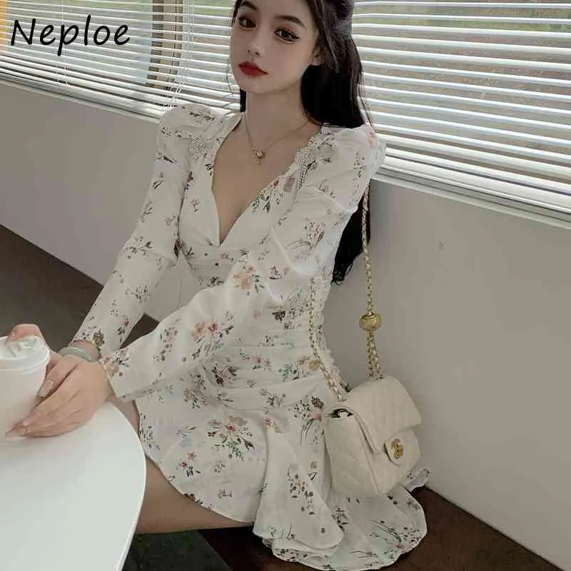 Neploe col en V à manches longues pull Robe femmes taille haute hanche une ligne Slim Vestidos printemps tempérament imprimer Robe 210510