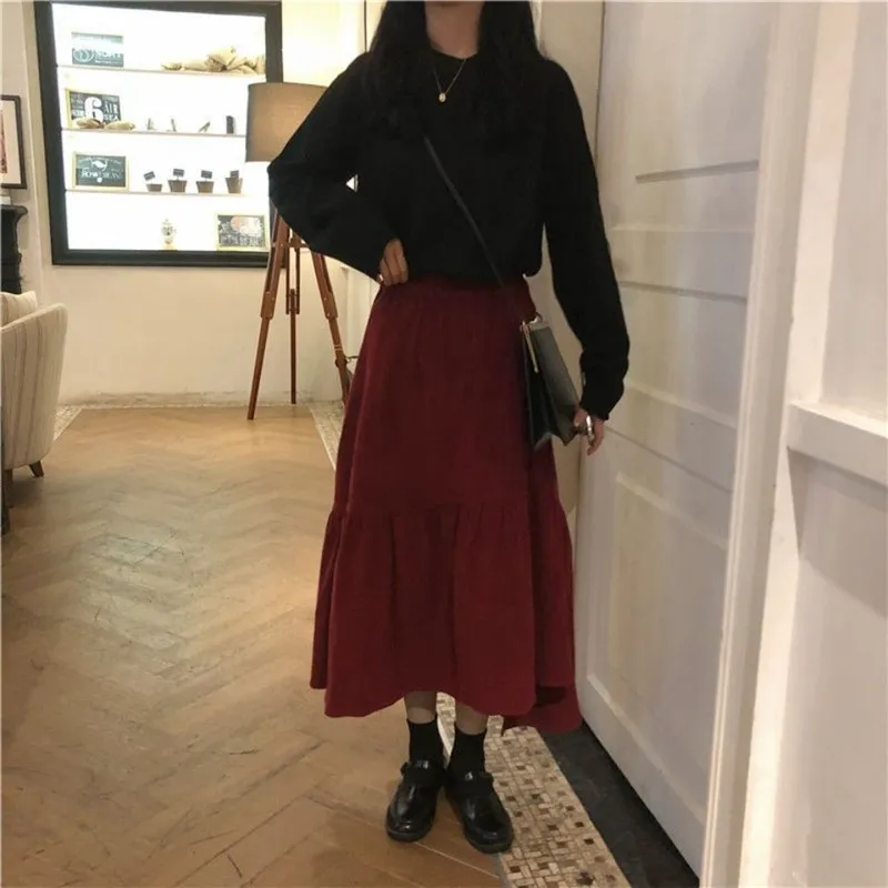 Plus Taille Automne Hiver Corduroy Jupe Femmes Vintage Vin Rouge Midi Longues Jupes Femme Élastique Taille Haute A-ligne Jupe Plissée 210412