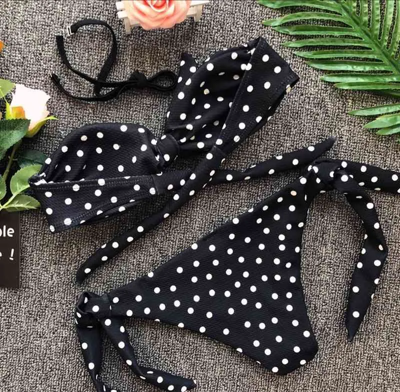 Sweet Tie Bow Dot Print Bikini Off Shoulder Push-Up Boho High Waist Swimsuit Strapless Two Piece Swimwear Beachwear 210429