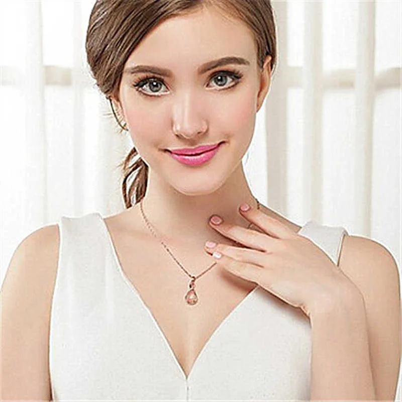 Crystal Womens Necklaces Pendant natural round pink stone gentle tone clavicle gold silver plated