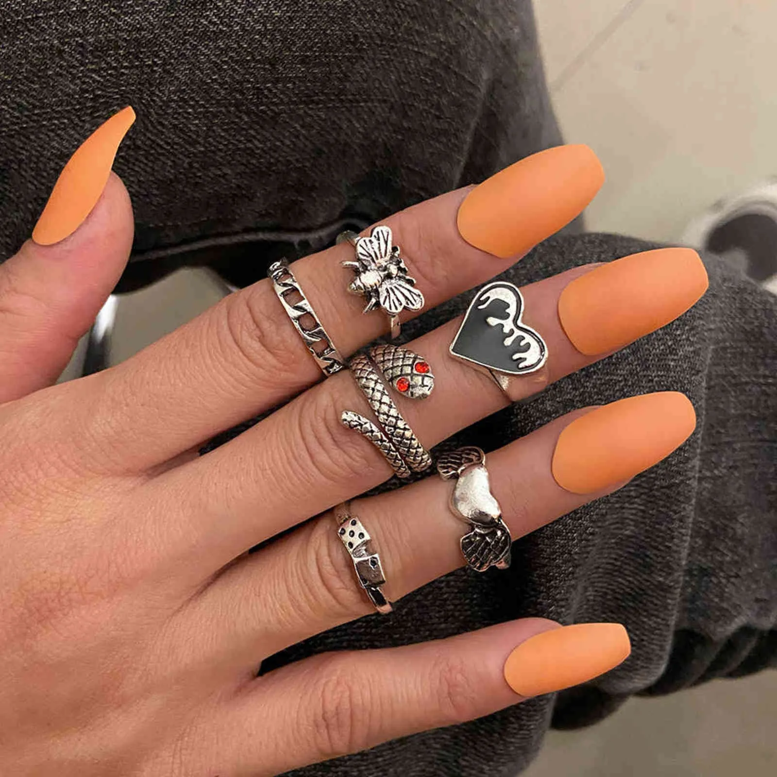 Punk Snake Gothic Silver Color Finger Ring Set 6 Stks Voor Dames Hart Butterfly Wing Angel Wings Cupid Charms Rings Rings Sieraden G1125