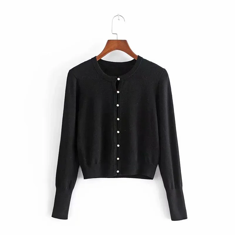 Femmes Black Pearl Tricoté Cardigan Court Femme Bleu Pull À Manches Longues Printemps Veste Femme Bouton Up Top En Tricot 210519