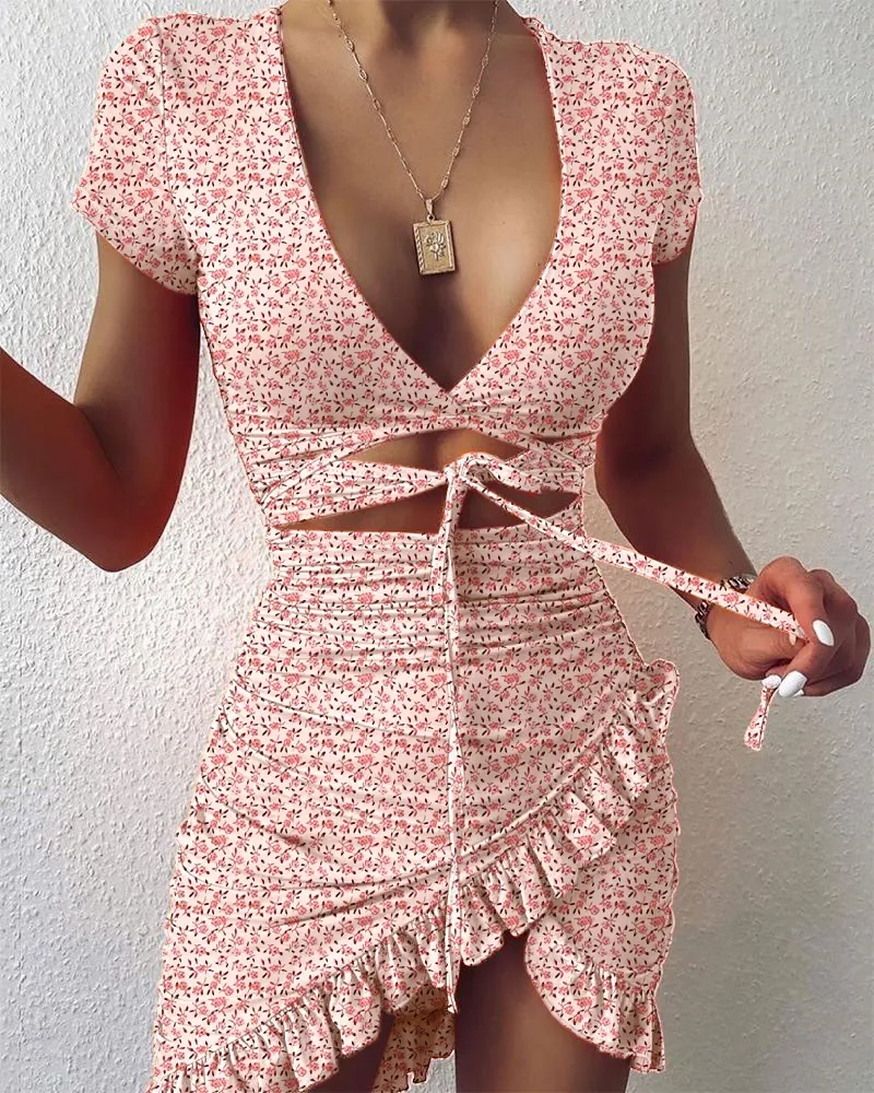 花柄プリントファッションタイアップラップミニドレス夏休みフリルサンドレスRuched女性のドレス半袖
