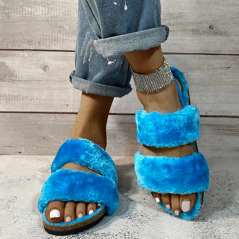 WEIBATE Fluffy Women's Outdoor Plush Fur Sandals Home House Slippers With Rubber Soles Non-Slip Indoor For Use Y0721