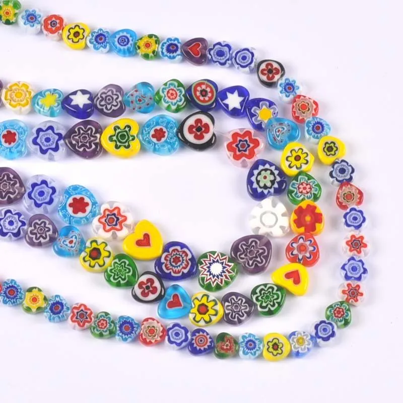 Autres motifs de fleurs de forme de coeur mixte de 8 à 12 mm Millefiori en verre perles lâches Artisanat pour les bijoux faisant ykl0848251n