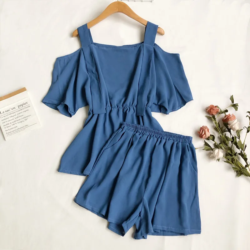 Summer Women Casual Shorts Two Piece Set Square Collar Ruffled Tops and High Waist Loose 210423