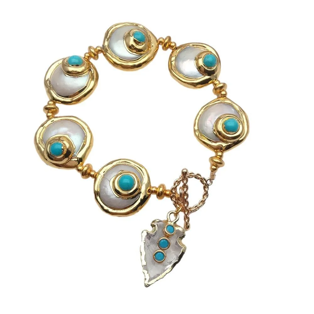 Yygem Natural Quartz Arrowhead Charm Freshater Cultured White Coin Pearl Blue Crystal Bracelet1213674