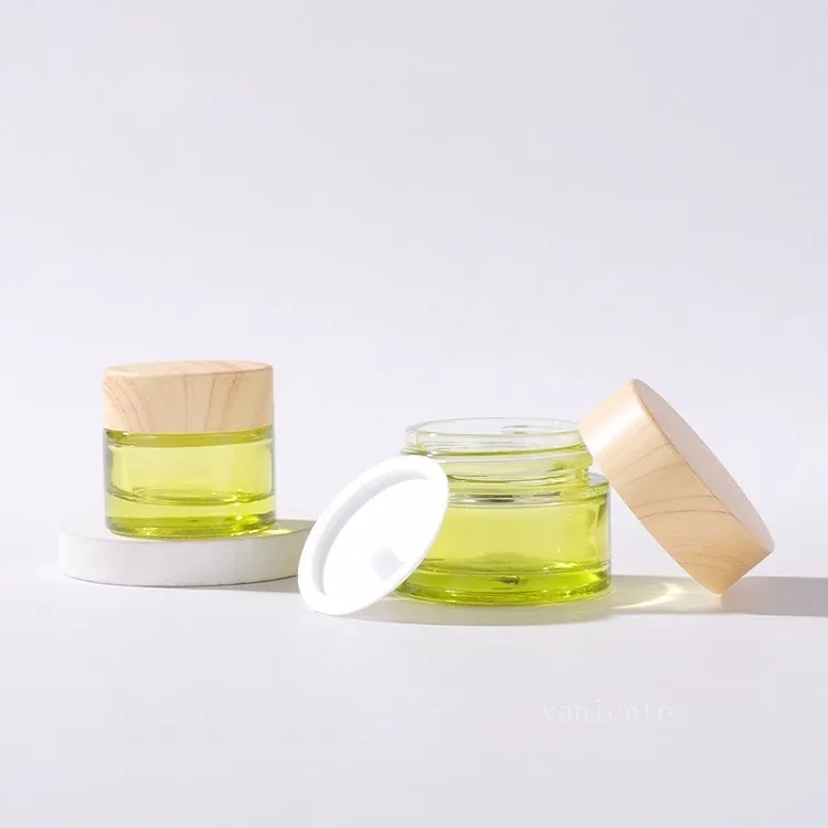 Bouteilles en verre vert clair de 50 g avec bouchons en plastique de grain de bambou Conteneur d'emballage de crème pour le visage T2I52899
