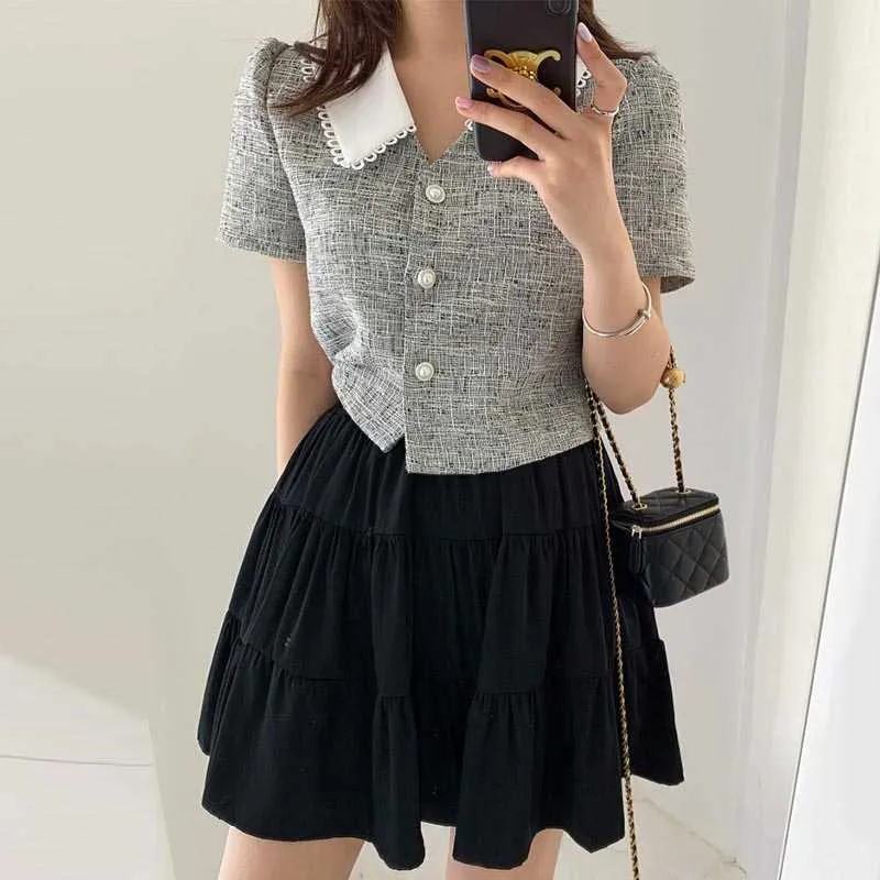 Korejpaa Dames Set Zomer Korea Chic Temperament Contrast Color Revers Check Single-Breasted Blouse High-taille Puffy Skirt 210526