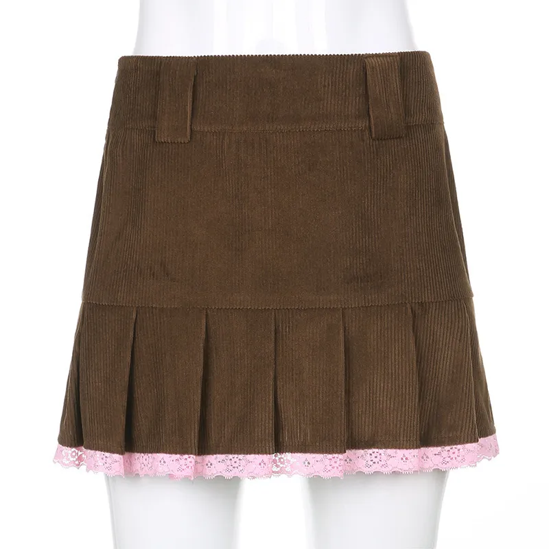 Brun Corduroy Pläterade kjolar Kvinnor Vintage 90s estetisk skola Tjej Mini Skirt Lace Trim Hem Söt Kawaii Kläder 210426