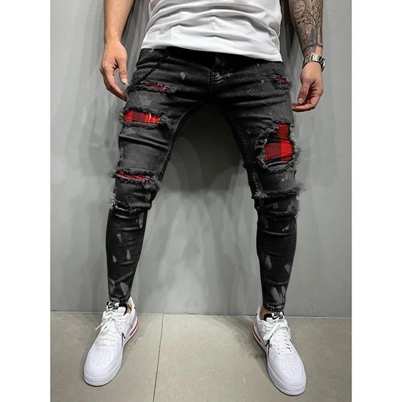 Fashion Men's Hole Slim pants style men's paint Black/Blue/Grey Hiphop quality cotton Jeans 220311